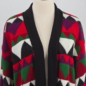 Vintage J.J. Browne Open Front Cardigan Sz M Black Red Green Geo 80's